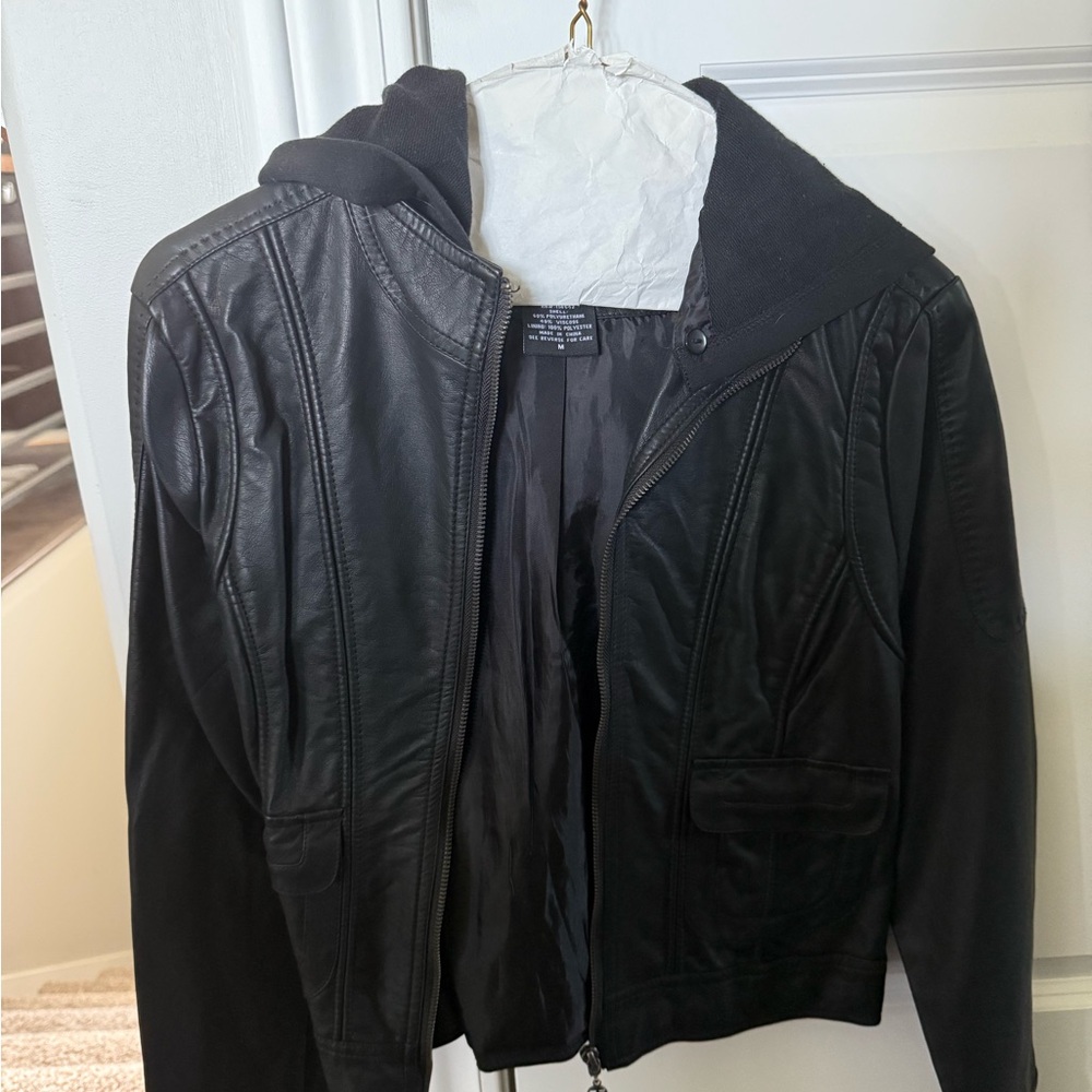 JouJou Women’s Black Faux Leather Bomber Jacket with Knit Hoodie – Size Medium